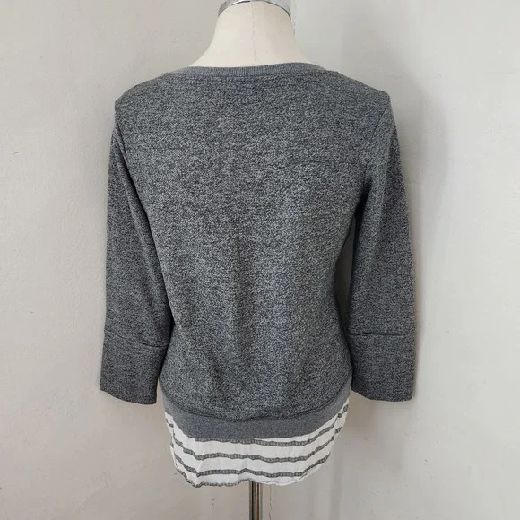 Max Jeans Womens Gray Layered Look Sweatshirt Shoulder Zip Striped Hem Small - Picture 2 of 5